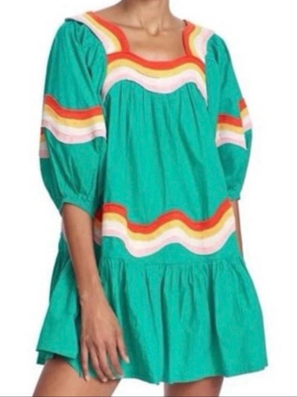 Corey Lynn Calter Teal Mini Dress with Rainbow Trim